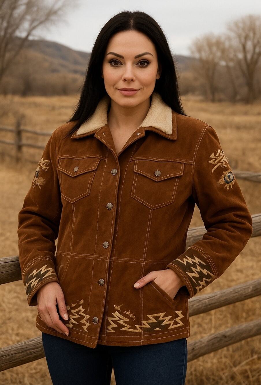 Bogner Womens Brown Long Sleeve Suede Embroidered Western Parka Jacket Size 8